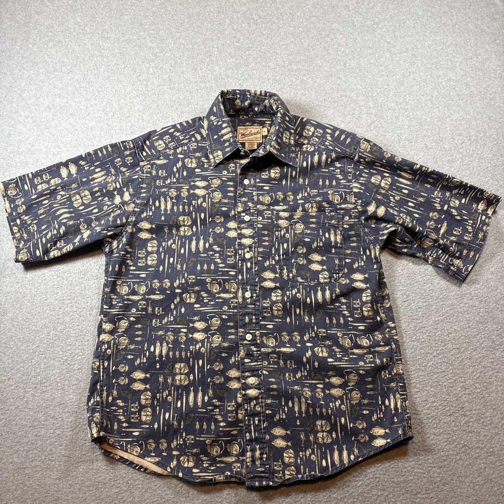 VTG WOOLRICH Men's Sz M Shirt Sleeve Button Up Fishing Pattern 90s Classic